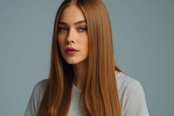 Donna bionda con capelli lunghi perfettamente lisci, ritratta in studio con espressione naturale.