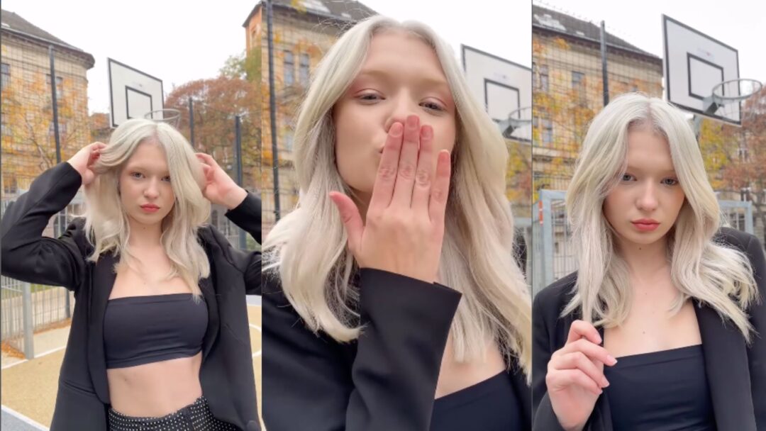 Tre scatti di una giovane donna bionda platino con capelli lisci, look total black e sfondo urbano con campo da basket.