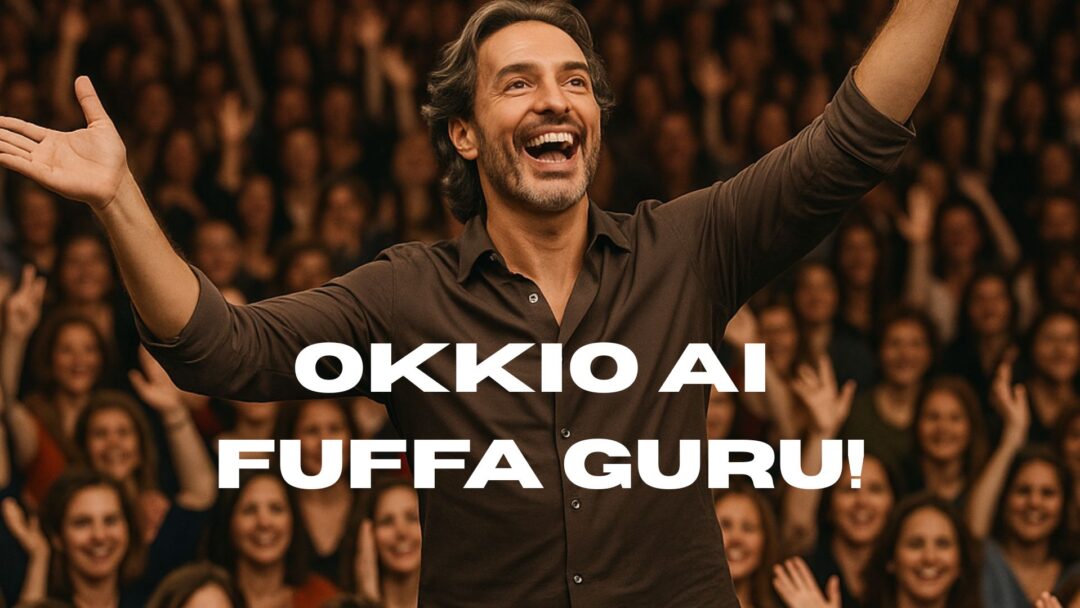Uomo in camicia che parla a una folla adorante con la scritta “OKKIO AI FUFFA GURU!”