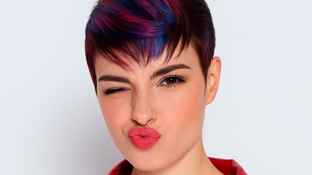 Ragazza con taglio pixie corto e colorazione fucsia-blu, occhi chiusi in un’espressione ironica, giacca rossa lucida