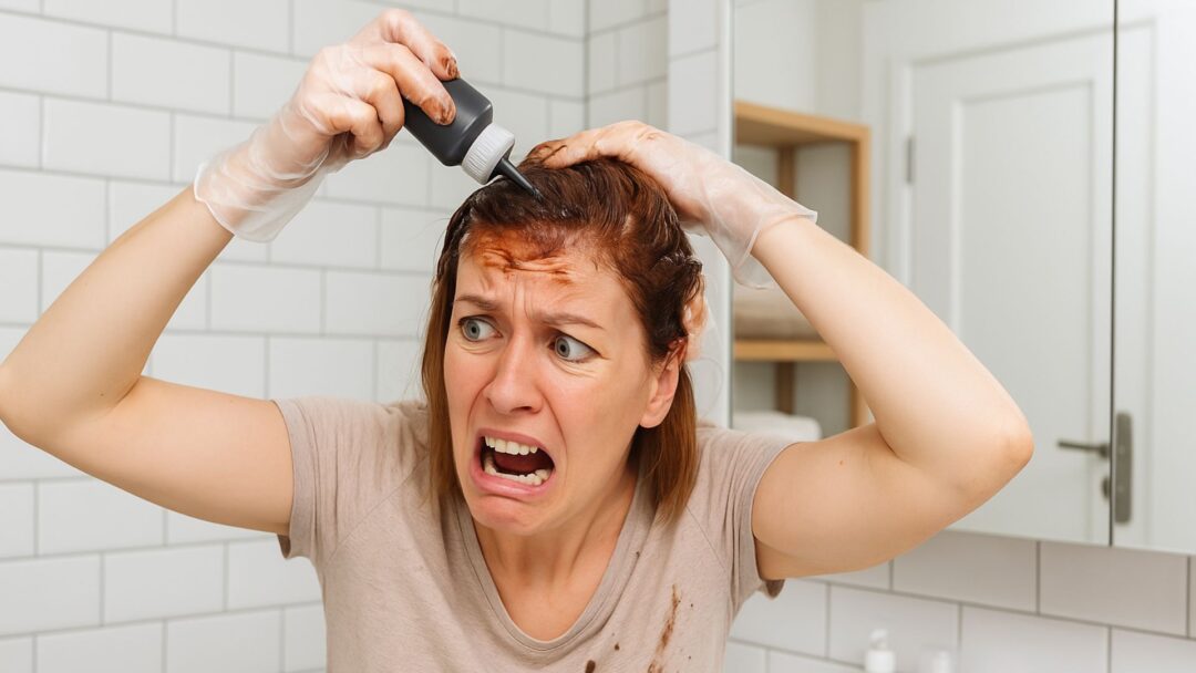 Donna disperata mentre si applica male il colore fai da te sui capelli nel bagno di casa.