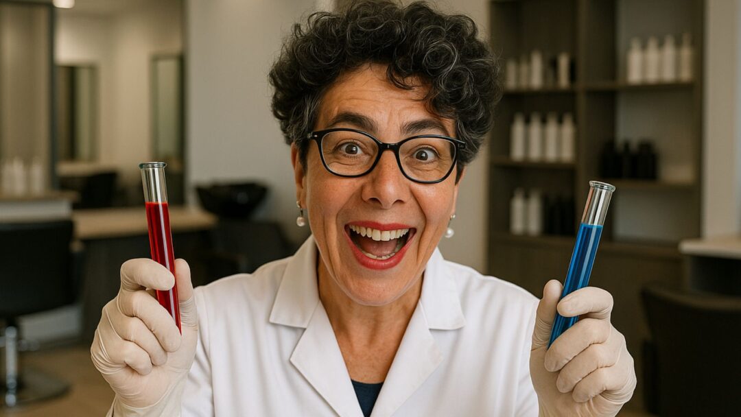 Dottoressa sorridente in camice bianco con due provette colorate in un salone di parrucchieri