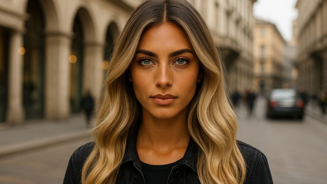 Modella con capelli biondo vaniglia, carnagione olivastra e occhi azzurri in posa fashion a Milano