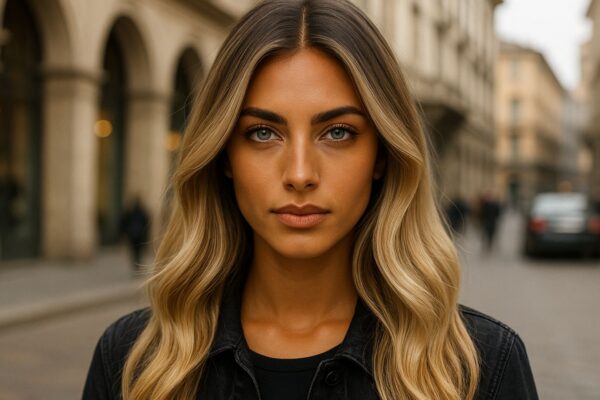 Modella con capelli biondo vaniglia, carnagione olivastra e occhi azzurri in posa fashion a Milano