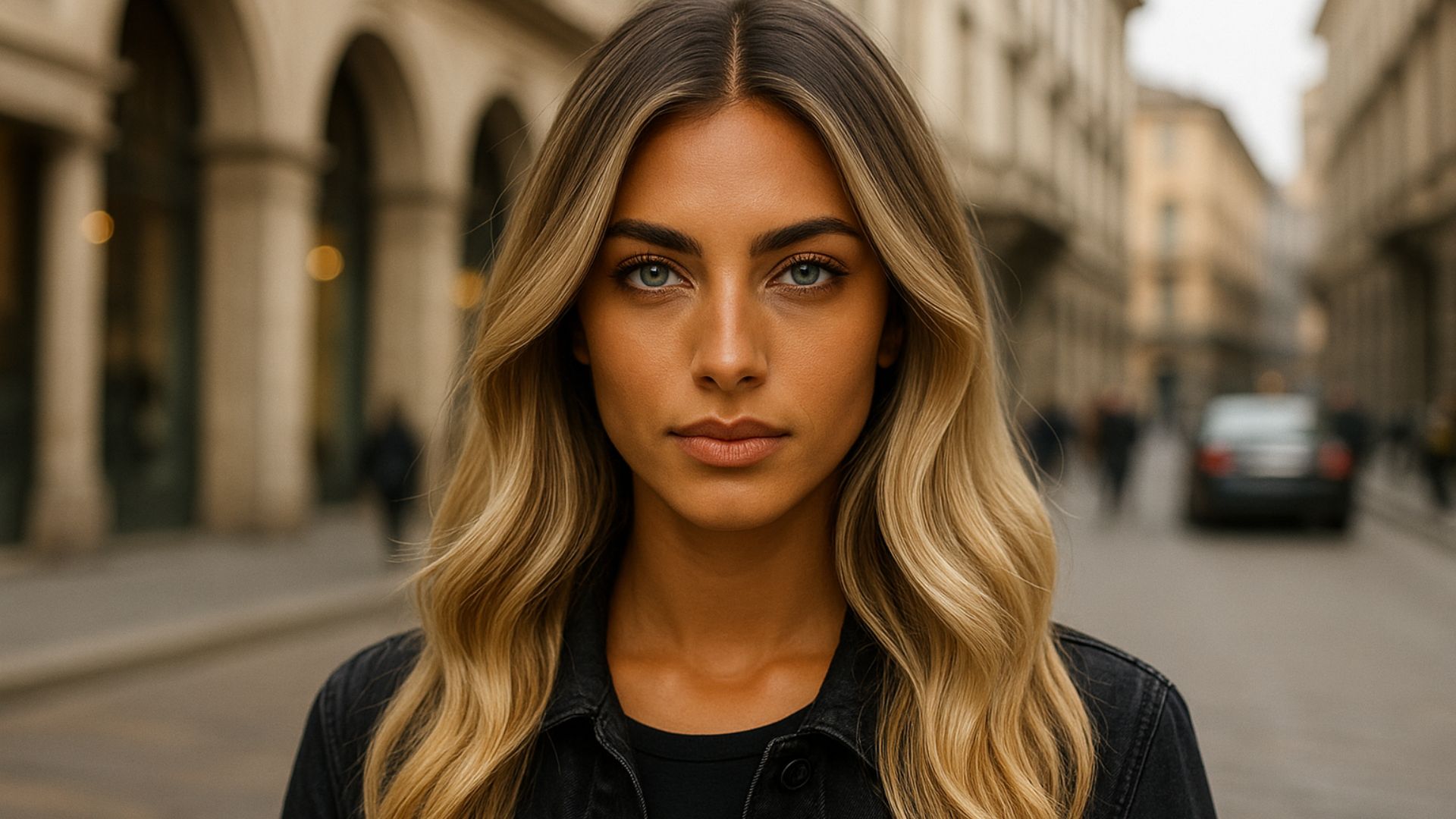 Modella con capelli biondo vaniglia, carnagione olivastra e occhi azzurri in posa fashion a Milano