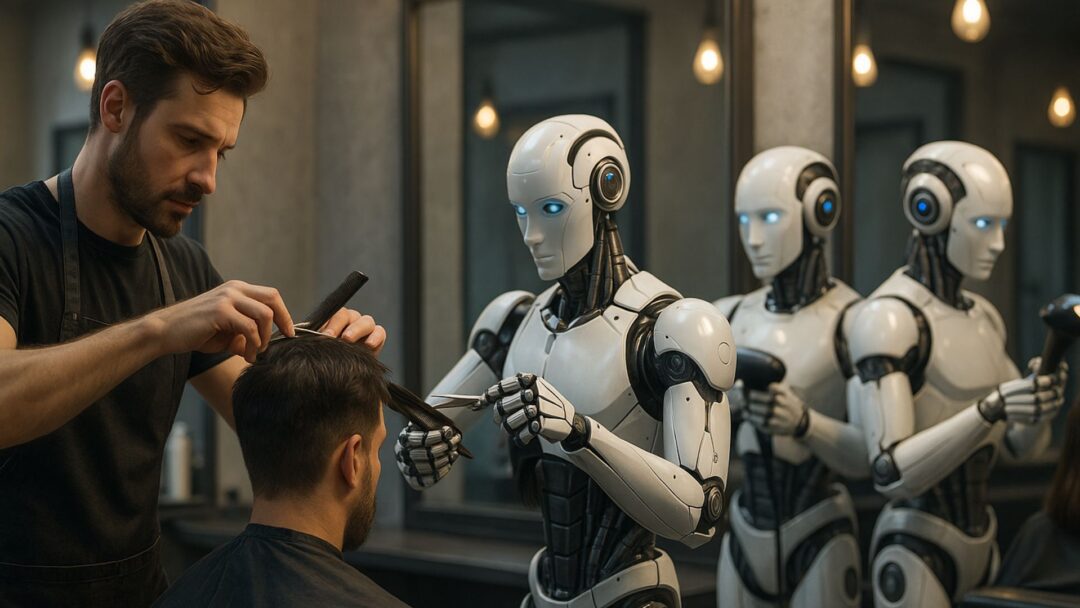 Parrucchiere umano affiancato da robot in salone futuristico