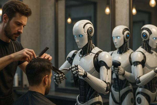 Parrucchiere umano affiancato da robot in salone futuristico