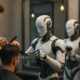 Parrucchiere umano affiancato da robot in salone futuristico