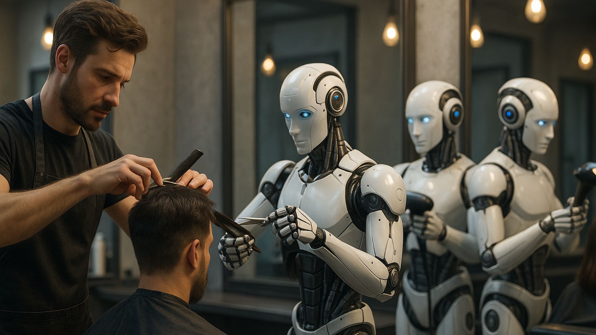 Parrucchiere umano affiancato da robot in salone futuristico