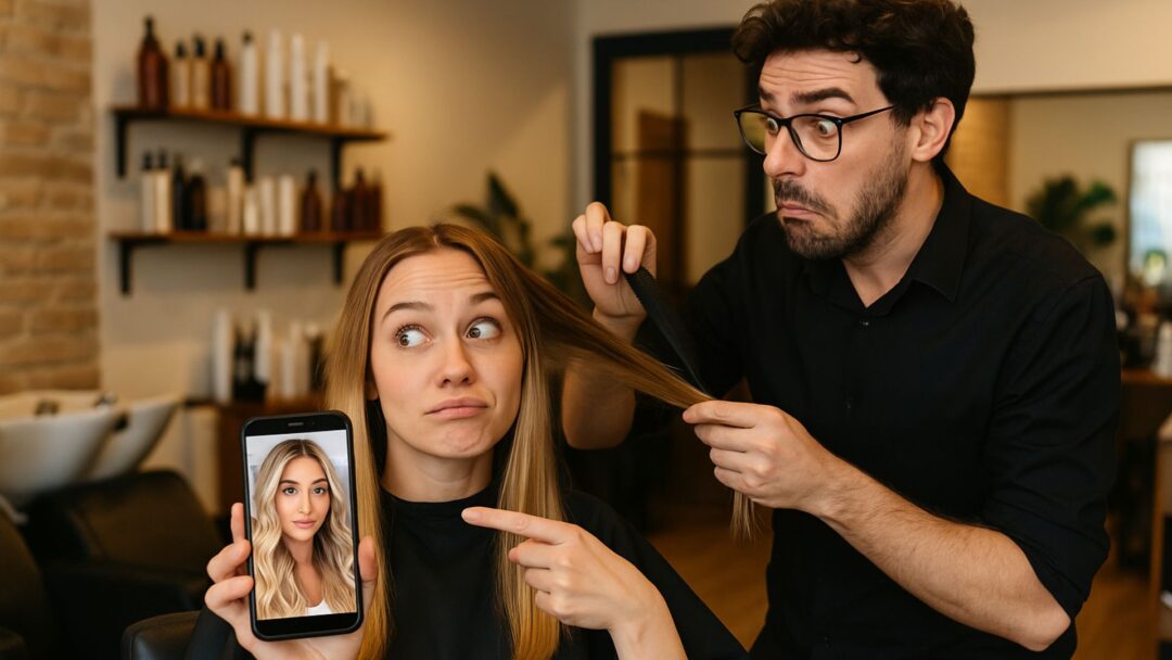 Cliente mostra una foto di un'influencer bionda al parrucchiere, con espressione ironica in salone