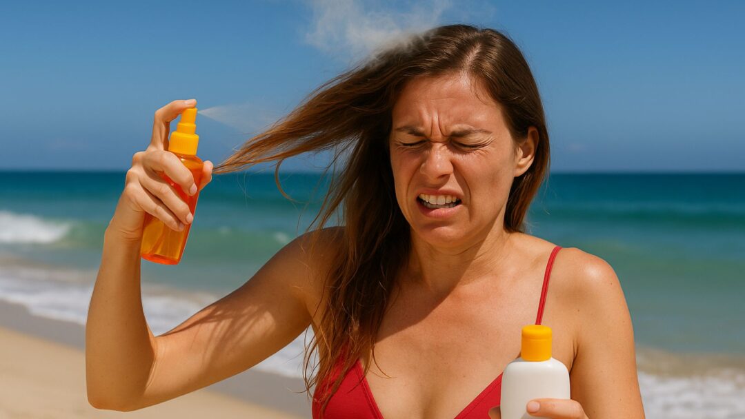 Donna al mare applica spray solare protettivo sui capelli, che però fumano sotto il sole cocente.