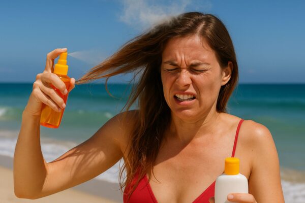 Donna al mare applica spray solare protettivo sui capelli, che però fumano sotto il sole cocente.