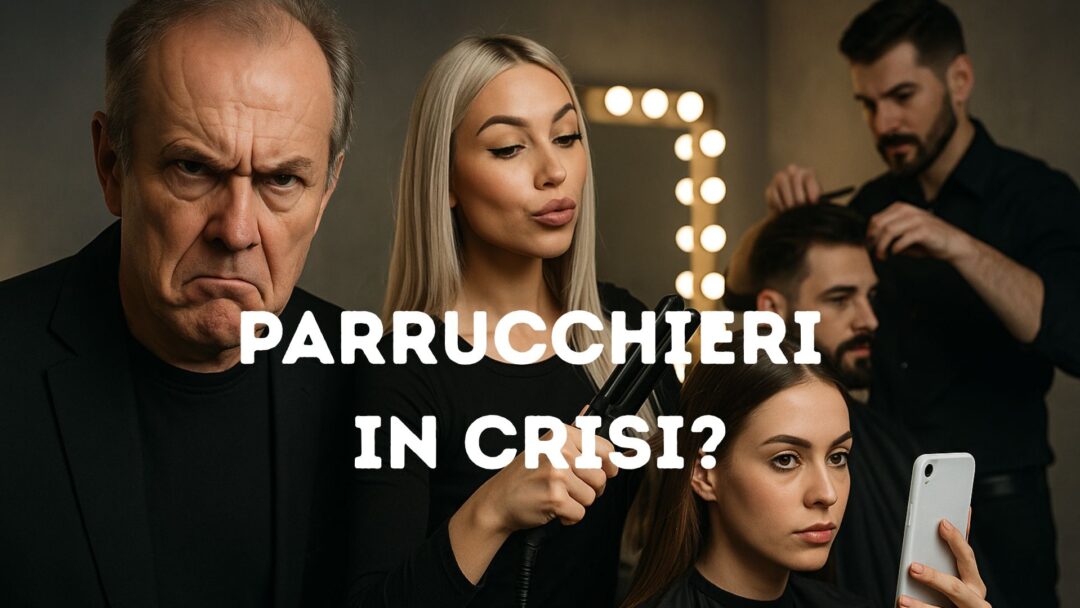 Immagine provocatoria in salone: parrucchiere anziano serio, hairstylist giovane che stira i capelli, cliente che si fa un selfie, con la scritta “Parrucchieri in crisi?”