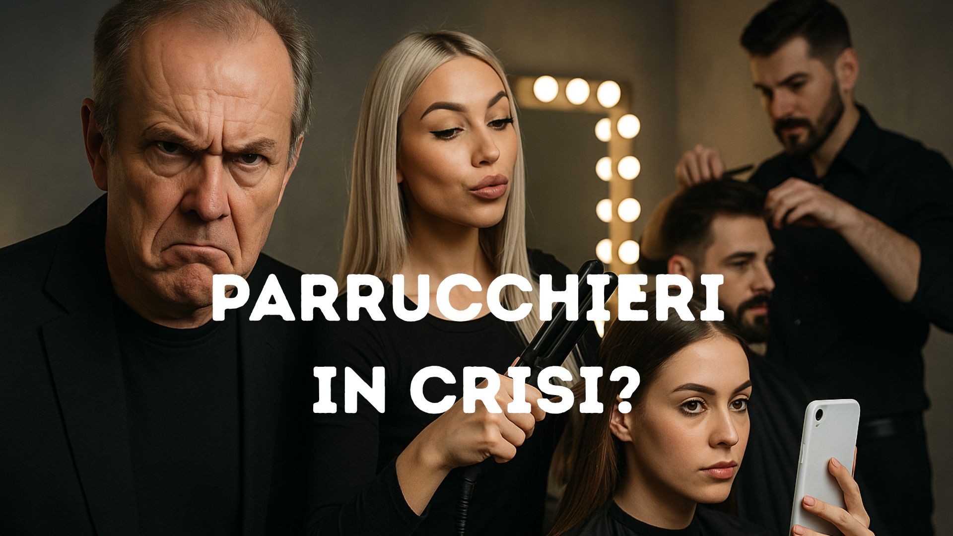 Immagine provocatoria in salone: parrucchiere anziano serio, hairstylist giovane che stira i capelli, cliente che si fa un selfie, con la scritta “Parrucchieri in crisi?”