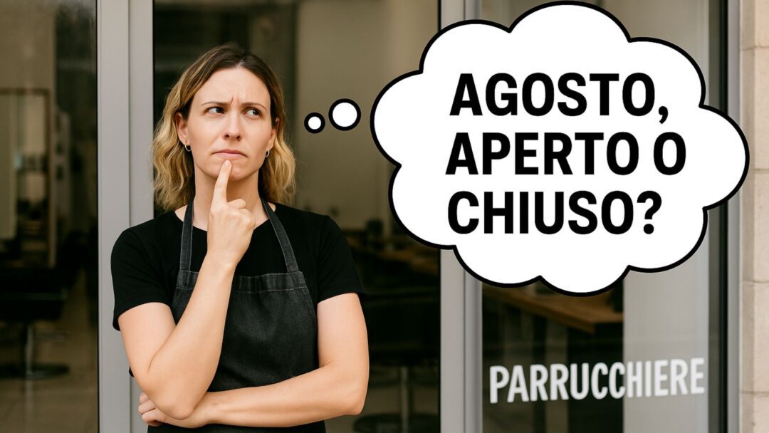 Parrucchiera pensierosa davanti al salone con fumetto “Agosto, aperto o chiuso?”