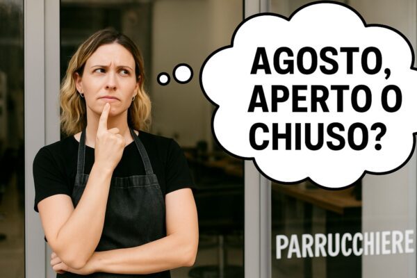 Parrucchiera pensierosa davanti al salone con fumetto “Agosto, aperto o chiuso?”