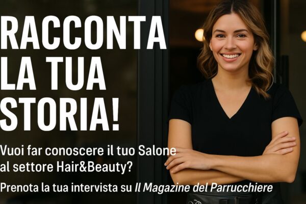 Parrucchiera sorridente davanti al salone con scritta “Racconta la tua storia! Prenota la tua intervista su Il Magazine del Parrucchiere”.