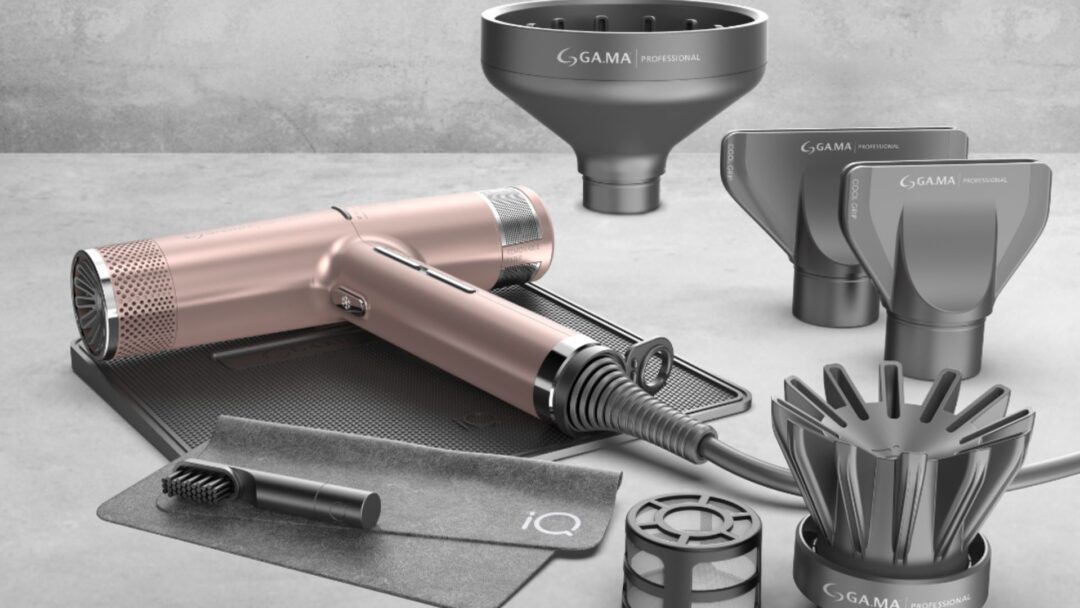 Phon Gama Professional iQ3 rosa con accessori professionali, diffusore e bocchette su fondo grigio