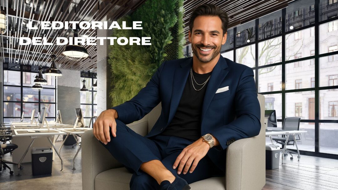 Direttore Max Randi seduto sorridente in ufficio moderno, vestito blu elegante e Rolex al polso, per l’editoriale de Il Magazine del Parrucchiere