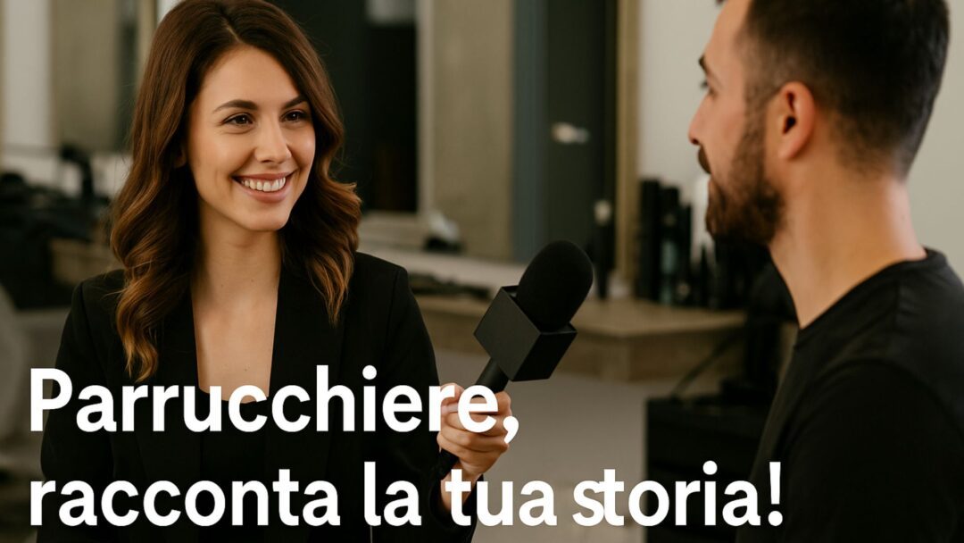 Giornalista affascinante intervista un parrucchiere in salone, scena professionale con microfono e ambiente hair beauty moderno