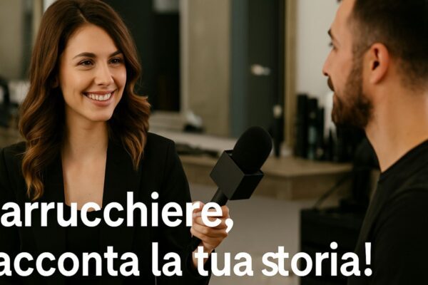 Giornalista affascinante intervista un parrucchiere in salone, scena professionale con microfono e ambiente hair beauty moderno