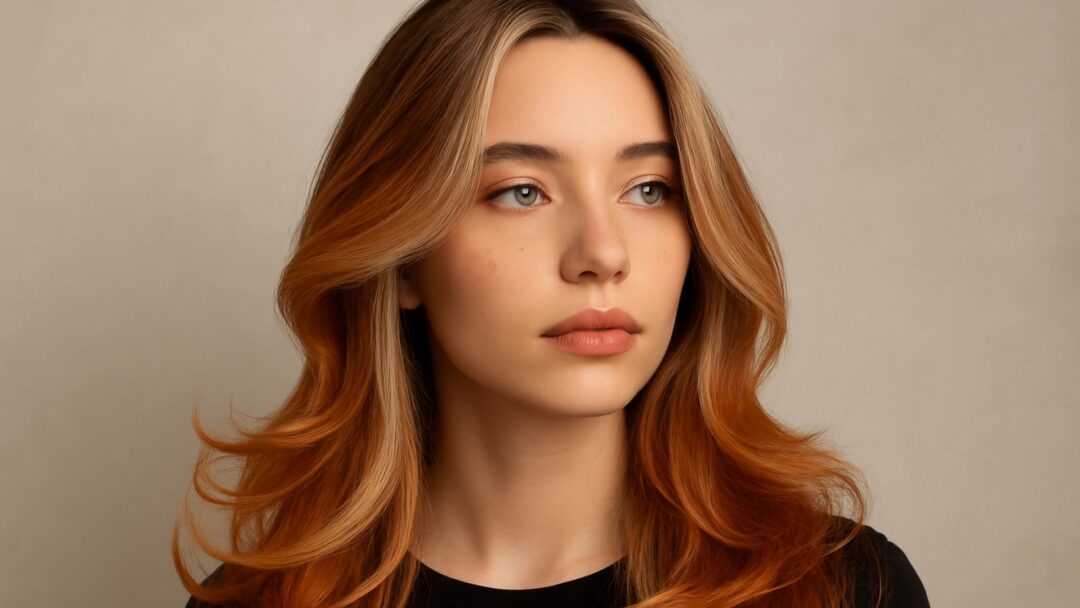 Donna con capelli Copper Blom e dettagli Ice, in posa elegante su sfondo beige, con styling moderno e sofisticato.