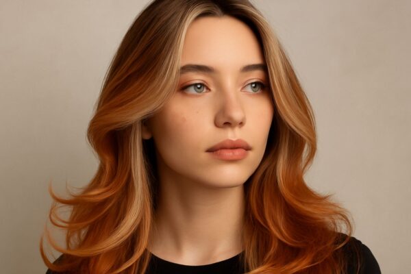 Donna con capelli Copper Blom e dettagli Ice, in posa elegante su sfondo beige, con styling moderno e sofisticato.