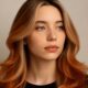 Donna con capelli Copper Blom e dettagli Ice, in posa elegante su sfondo beige, con styling moderno e sofisticato.