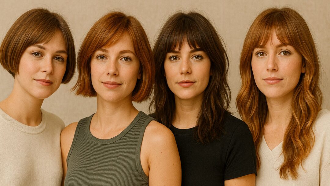 Quattro giovani donne con diversi tagli di capelli alla moda estate 2025: bob, carré, shag e capelli lunghi con frangia, in posa davanti a uno sfondo beige neutro.