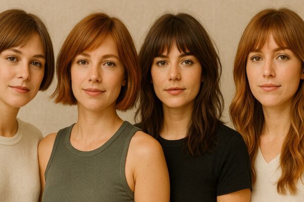 Quattro giovani donne con diversi tagli di capelli alla moda estate 2025: bob, carré, shag e capelli lunghi con frangia, in posa davanti a uno sfondo beige neutro.