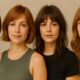 Quattro giovani donne con diversi tagli di capelli alla moda estate 2025: bob, carré, shag e capelli lunghi con frangia, in posa davanti a uno sfondo beige neutro.