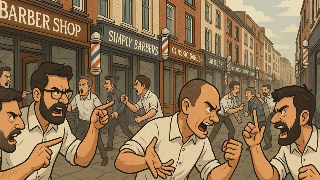 Illustrazione ironica di una strada in stile Londra con tanti barber shop e barbieri che litigano tra loro