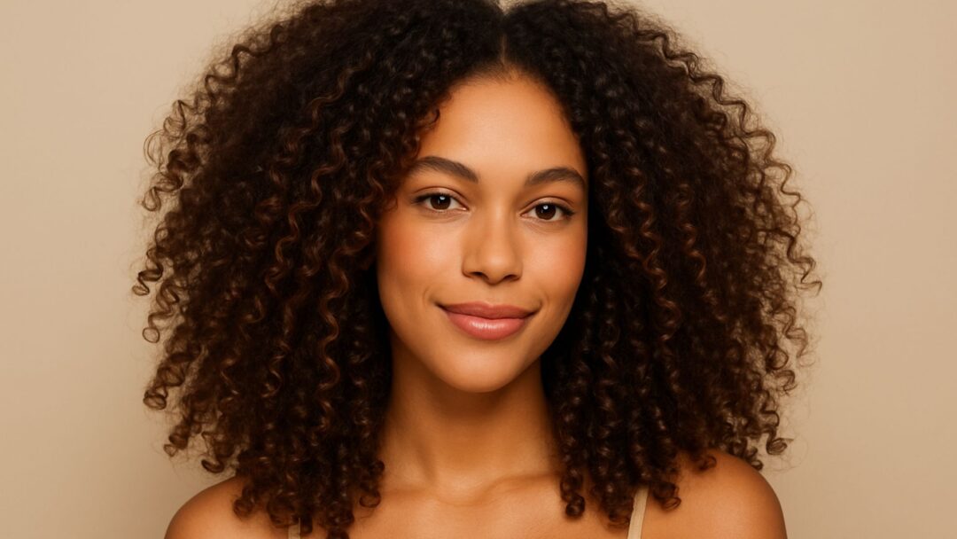 Modella con capelli ricci naturali ben definiti, pelle mulatta e look semplice su sfondo beige