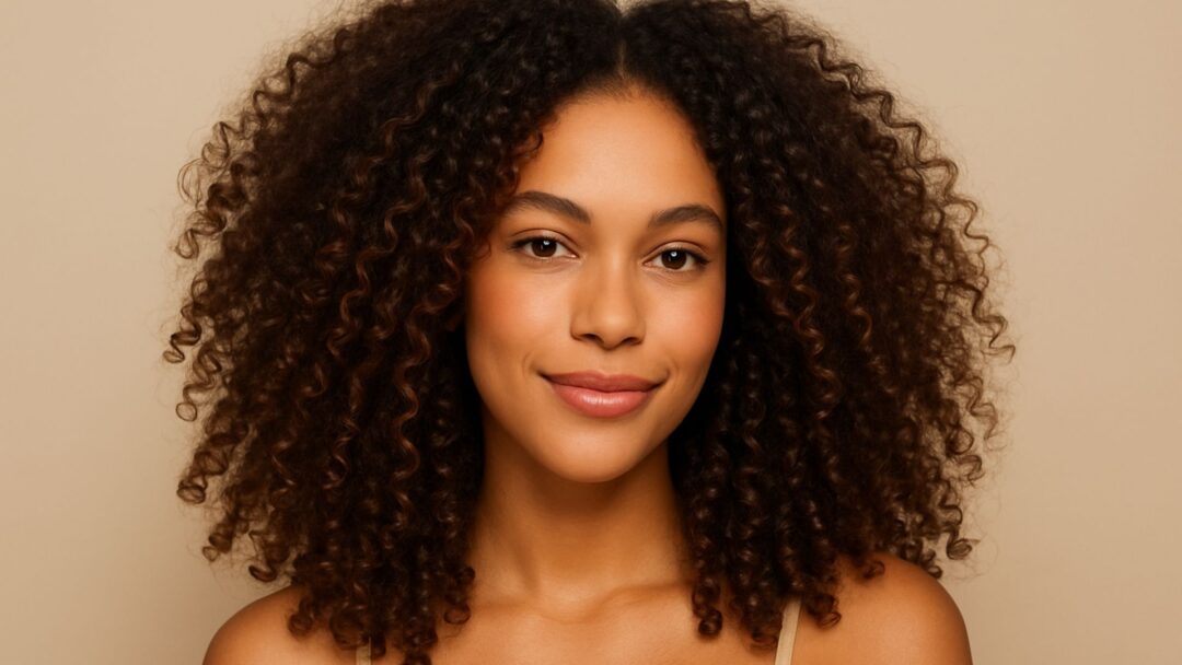 Modella con capelli ricci naturali ben definiti, pelle mulatta e look semplice su sfondo beige