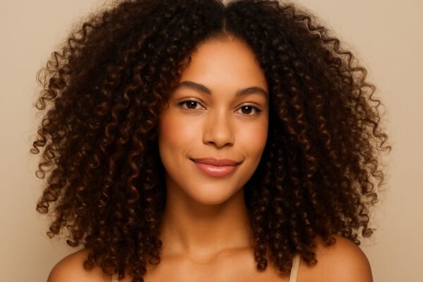 Modella con capelli ricci naturali ben definiti, pelle mulatta e look semplice su sfondo beige