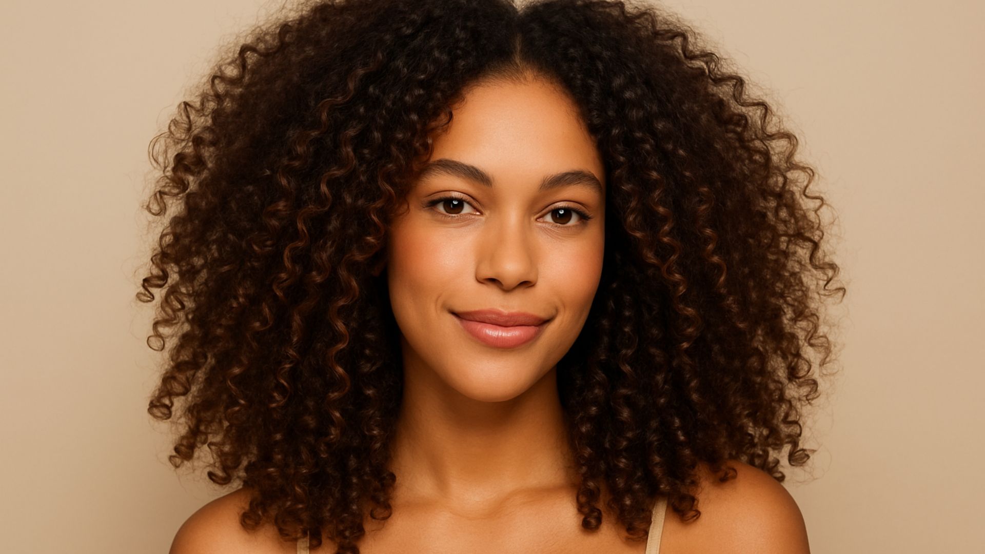 Modella con capelli ricci naturali ben definiti, pelle mulatta e look semplice su sfondo beige