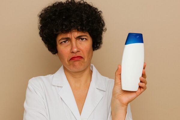 La Dott.ssa Rosanna Amato con espressione perplessa mentre mostra un flacone di shampoo, in camice bianco su sfondo beige