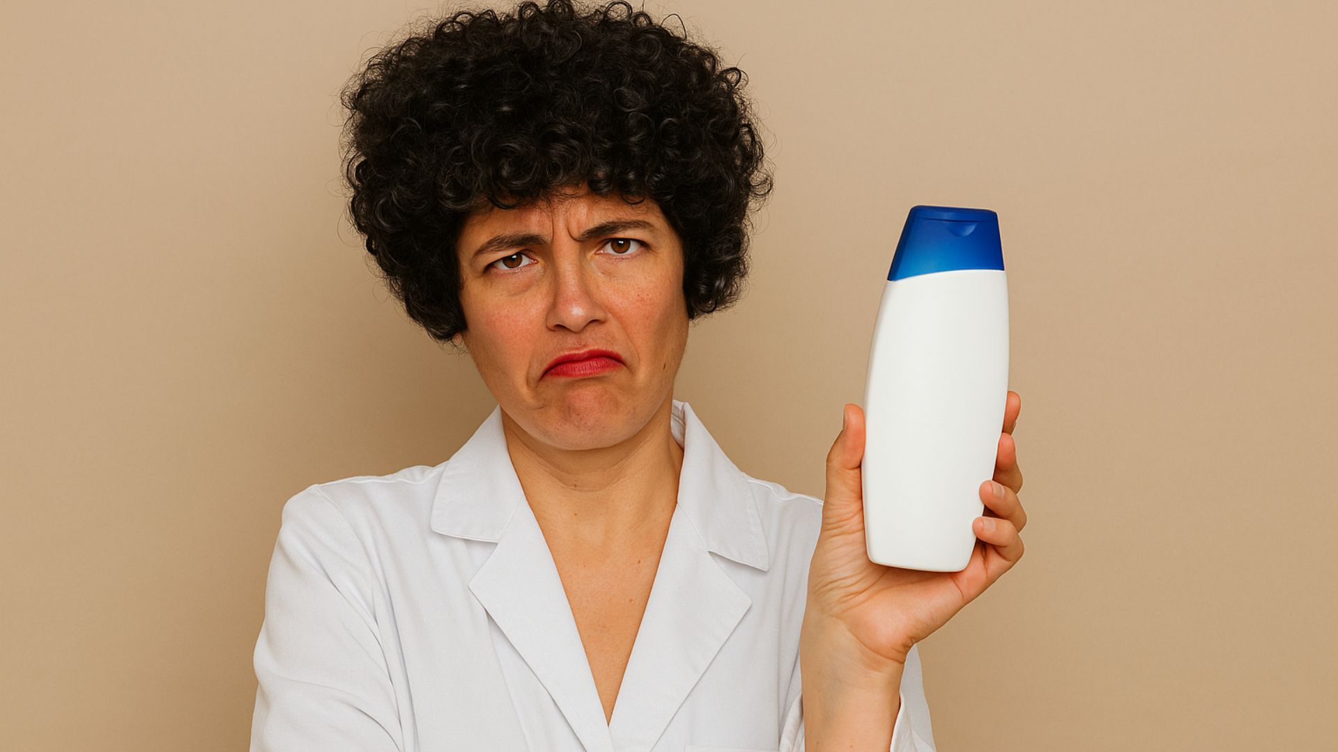 La Dott.ssa Rosanna Amato con espressione perplessa mentre mostra un flacone di shampoo, in camice bianco su sfondo beige