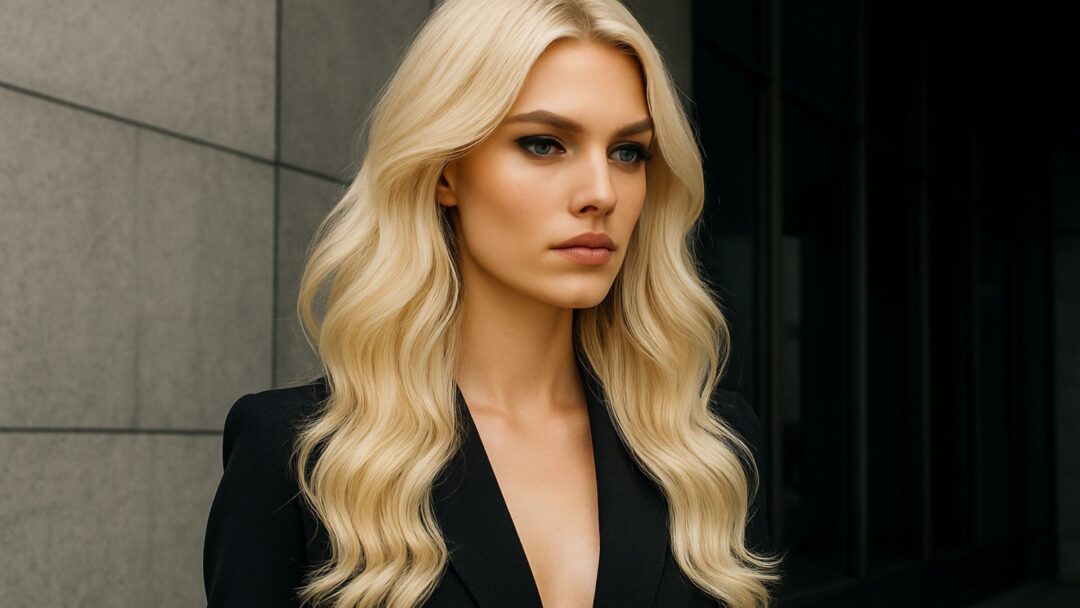 Modella bionda in outfit fashion nero davanti a un edificio moderno, con capelli lunghi e luminosi in uno stile glamour e professionale.