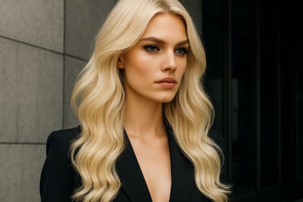 Modella bionda in outfit fashion nero davanti a un edificio moderno, con capelli lunghi e luminosi in uno stile glamour e professionale.