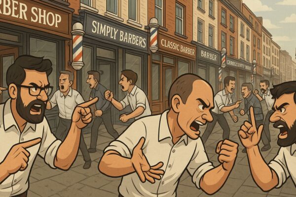 Illustrazione ironica di una strada in stile Londra con tanti barber shop e barbieri che litigano tra loro
