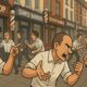 Illustrazione ironica di una strada in stile Londra con tanti barber shop e barbieri che litigano tra loro