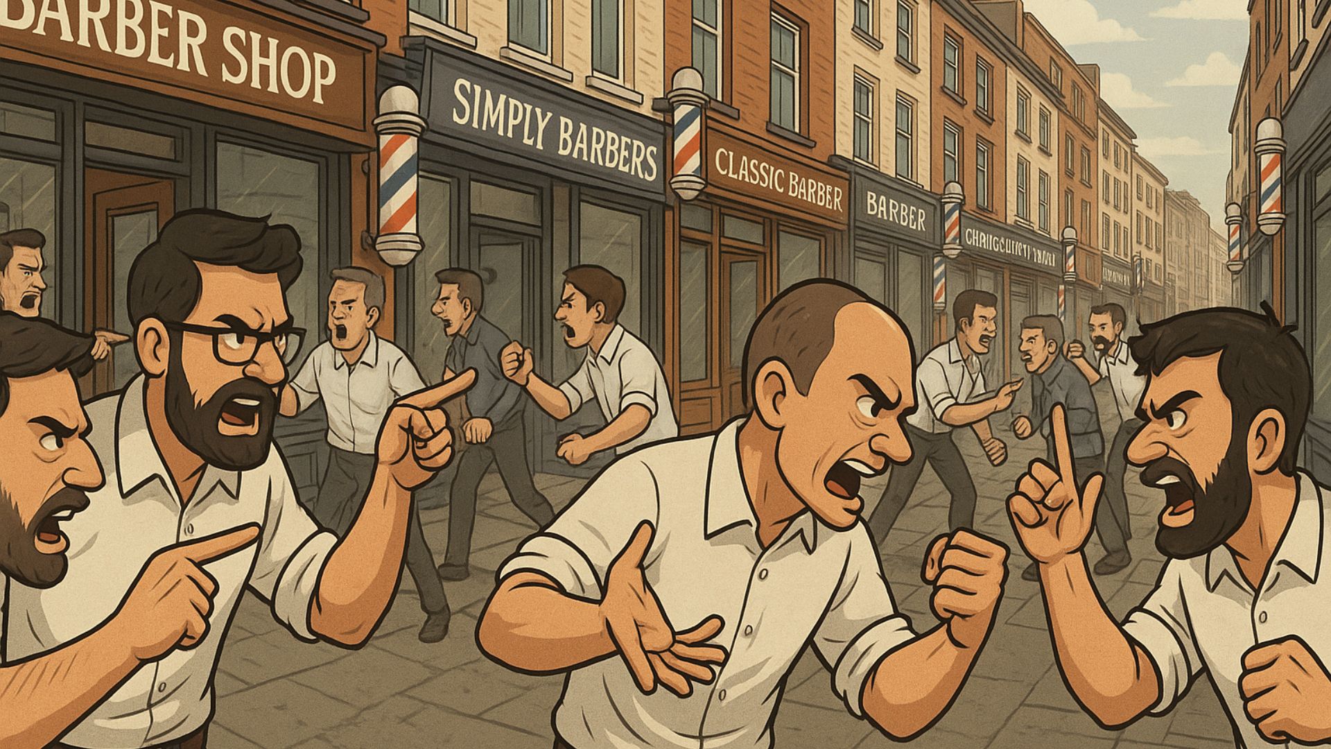Illustrazione ironica di una strada in stile Londra con tanti barber shop e barbieri che litigano tra loro