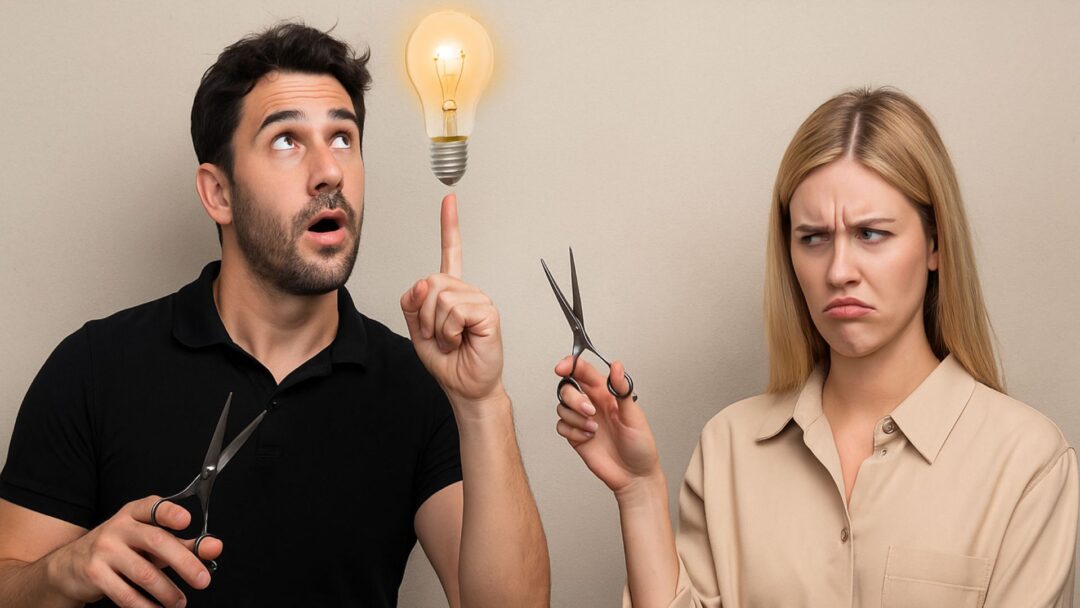 Parrucchiere con un’idea geniale e collega perplessa con forbici in mano, scena ironica