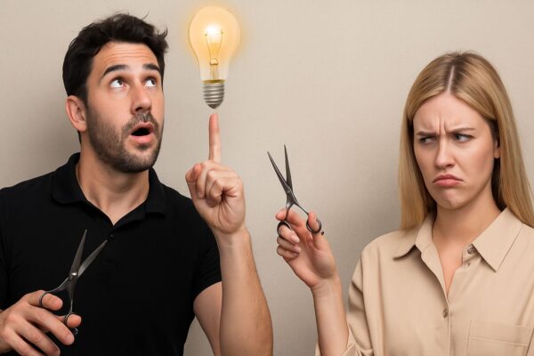 Parrucchiere con un’idea geniale e collega perplessa con forbici in mano, scena ironica