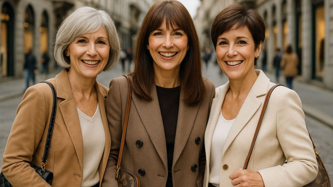 Tre donne eleganti over 50 con tagli di capelli diversi sorridono insieme nel centro di Milano
