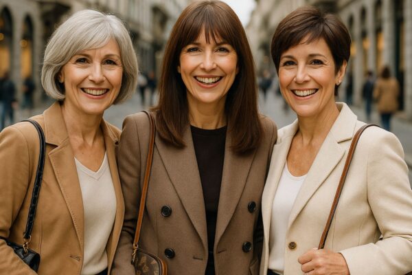 Tre donne eleganti over 50 con tagli di capelli diversi sorridono insieme nel centro di Milano