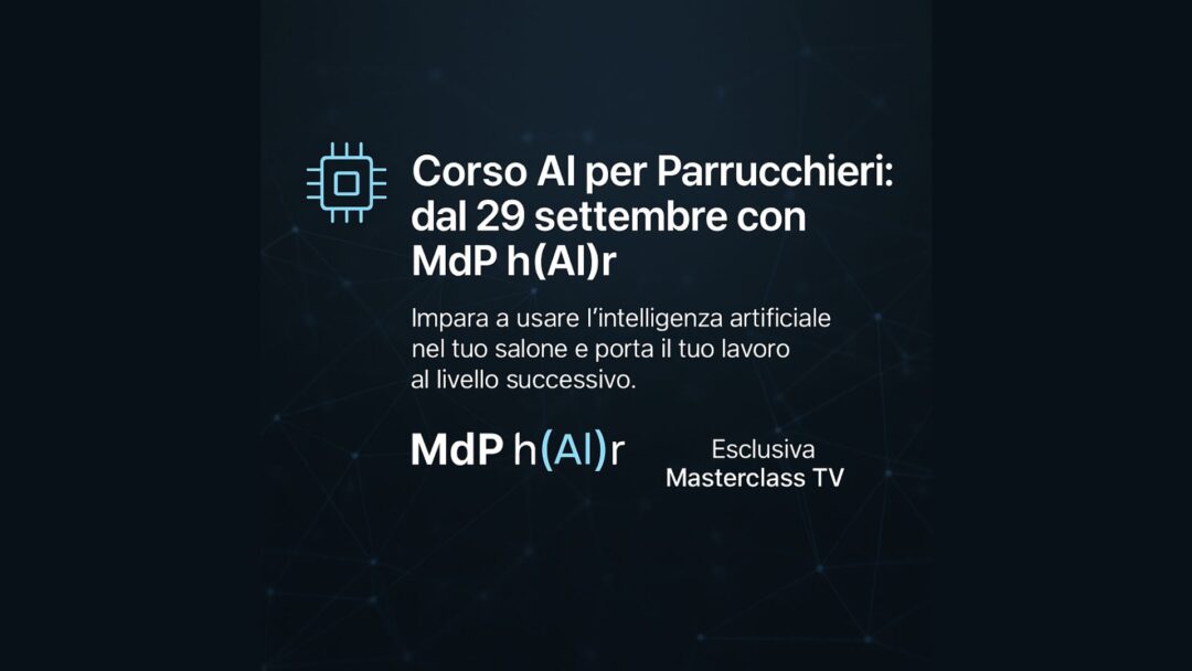 Banner promozionale orizzontale per il corso AI per parrucchieri con logo MdP h(AI)r, data 29 settembre, location Wake Up Status Factory a Lecco.