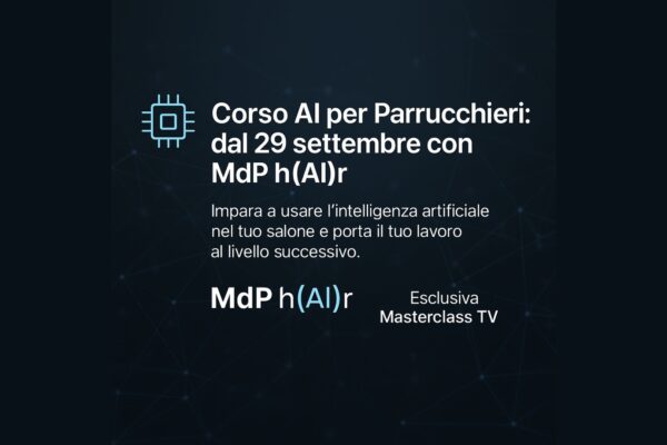 Banner promozionale orizzontale per il corso AI per parrucchieri con logo MdP h(AI)r, data 29 settembre, location Wake Up Status Factory a Lecco.