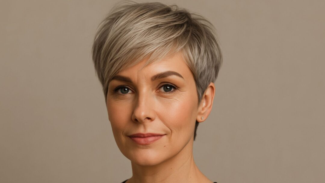 Donna over 40 con taglio pixie silver-blonde e frangia morbida laterale, sguardo sicuro, sfondo beige neutro.
